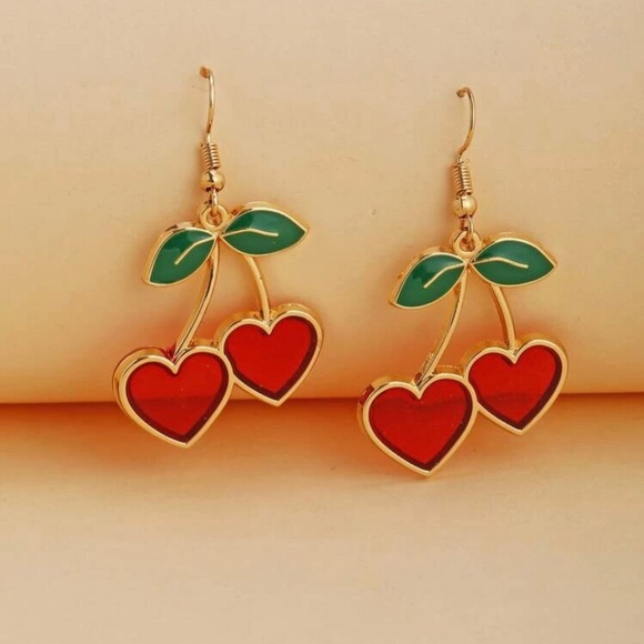 Jewelry - Red Glitter Cherry Heart Earrings